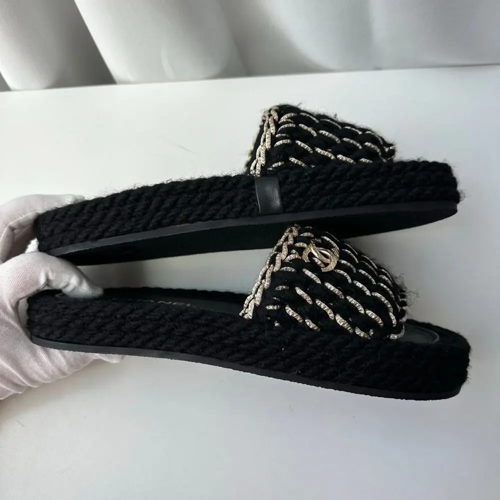 NIB! Chanel (39/8-8.5 US) Interlocking CC Logo Braided Slide Sandals- Black/Gold